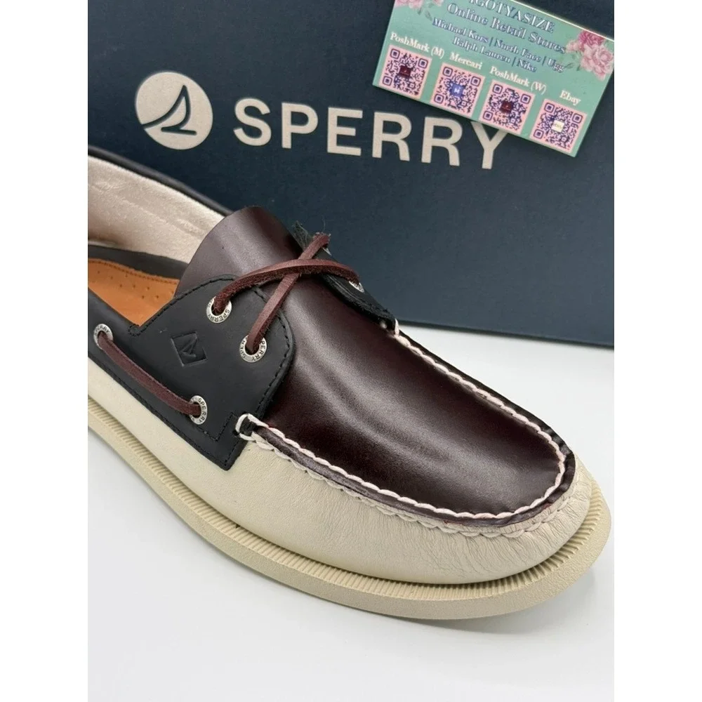 Sperry Top-Sider AO 2-Eye Boat Shoe Cream/Brn Combo‎ Leather Mens Size 11 NWT